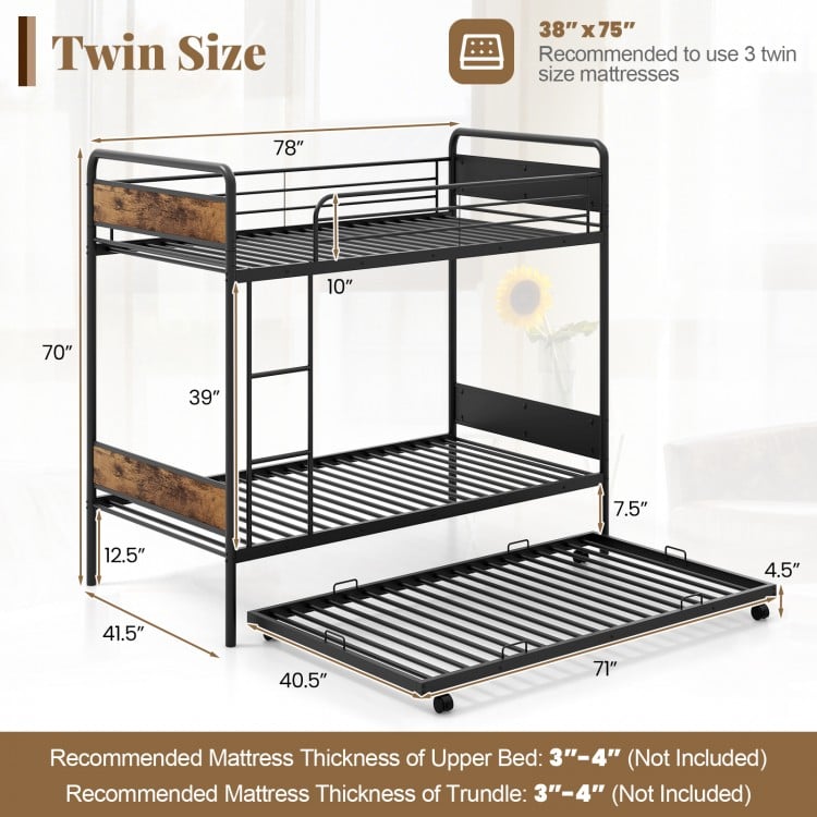 Twin Over Twin Bunk Bed with Trundle with Ladder and Full-length Guardrails