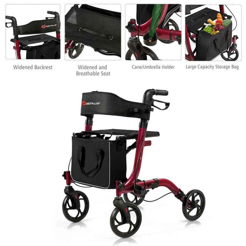 Folding Rollator Walker with Seat & Storage Bag, Lightweight Medical Walker Rolling Mobility Walking Aid