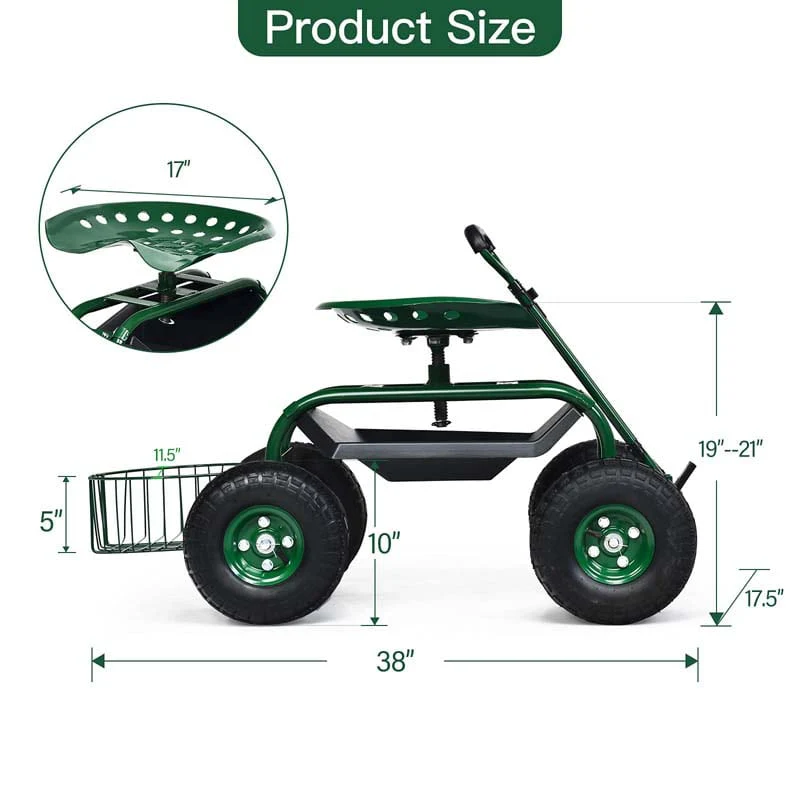 Heavy Duty Rolling Garden Cart Workseat with Tool Tray, 360 Swivel Seat, Storage Basket, Extendable Steering Handle