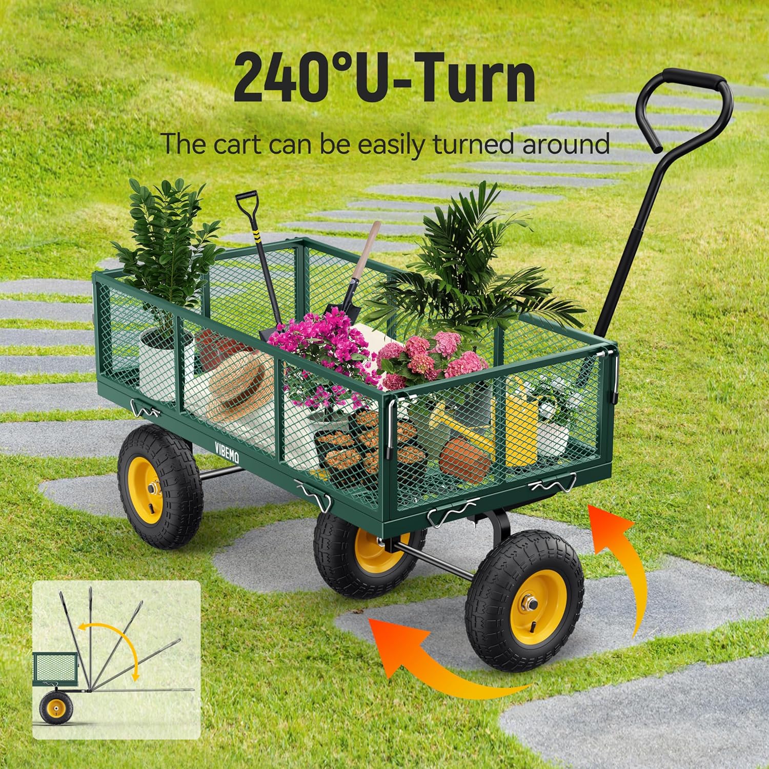 Steel Garden Cart, 2-in-1 1400 lbs Heavy Duty Utility Wagon, with Removable Mesh Sides to Convert into Flatbed, 240?? U-Turn 13