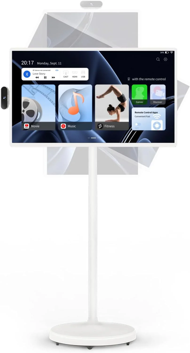 32-Inch Portable TV, 1080P FHD Rolling TV on Wheels with Rotatable Touch Screen, Android 13 OS, 8G RAM+128G Storage, Built-in Battery, Full Swivel Rotation, Voice Remote