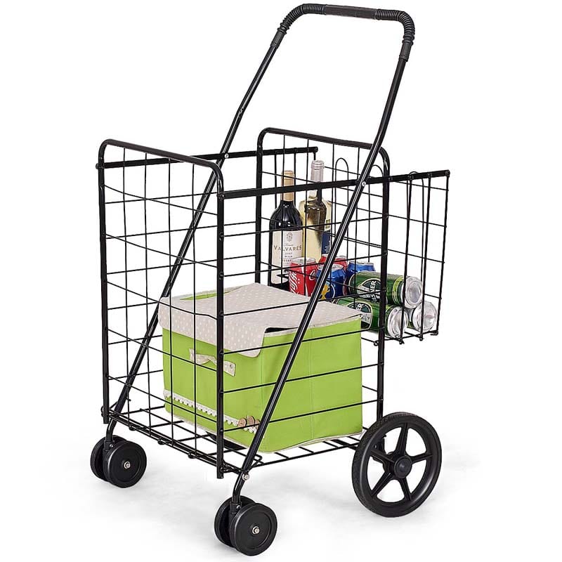Jumbo Folding Shopping Cart Large Rolling Grocery Utility Cart with Double Basket & 360° Swivel Wheels