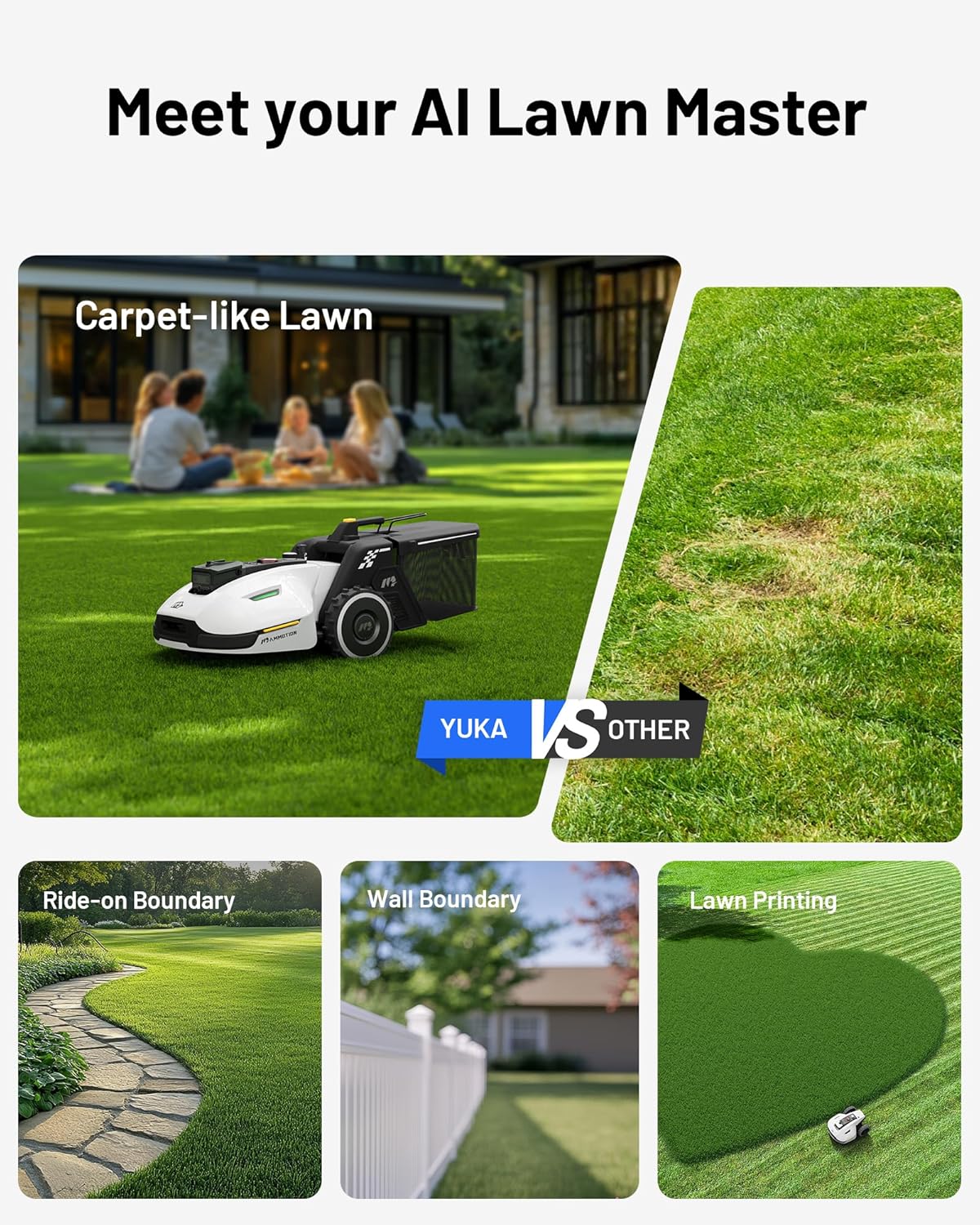 YUKA Mini 500H Robot Lawn Mower Reception 0.12 Acre, Max. 0.17 Acre, Ultrasense AI Vision+ RTK Positioning, Auto Mapping, App Control,45% Slope, Cutting Height 2''~3.5'', 3 Mowing Zones