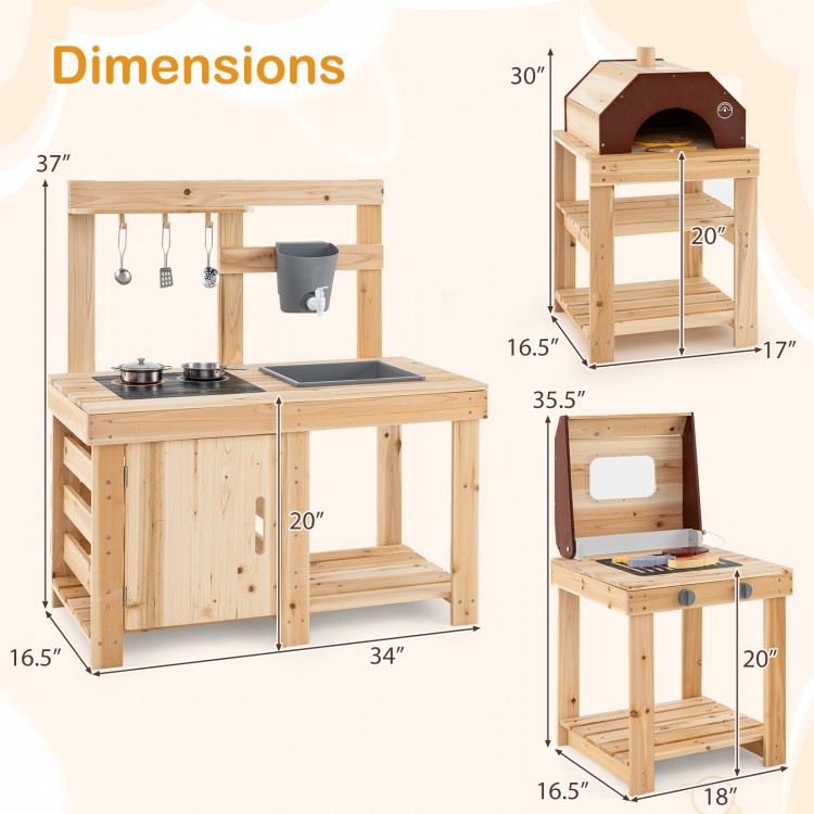 3-Piece Outdoor Kitchen Set Mud Kitchen with Separate BBQ Grill and Pizza Oven