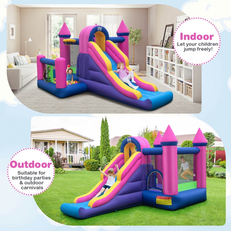 7-in-1 Kids Inflatable Bounce House with Long Slide and 735W Blower