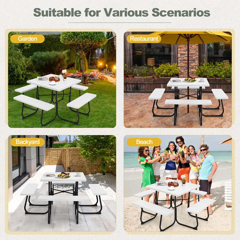 8 Person HDPE Outside Table & Bench Set, Outdoor Square Picnic Table with 4 Built-in Benches, Umbrella Hole, Metal Frame
