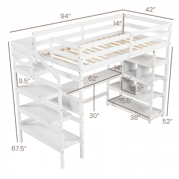 Twin Size Loft Bed with Desk and Storage Stairs Loft Bed Frame with Shelves and Safety Guardrails