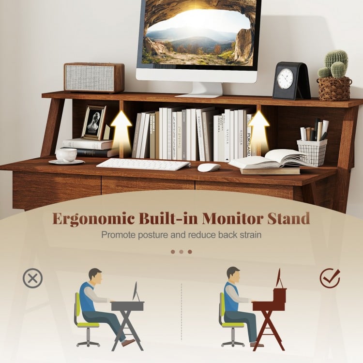 Mid Century Home Office Desk with 3 Storage Drawers and Monitor Stand