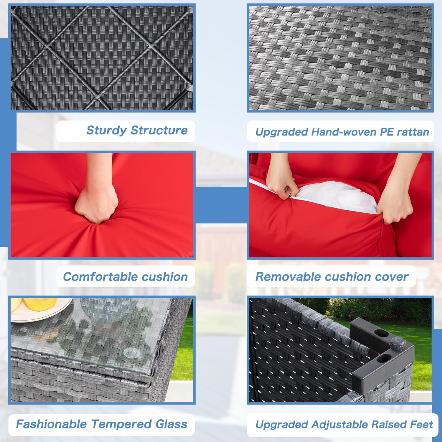 Shintenchi 5 Pieces Outdoor Patio Sectional Sofa Couch, Silver Gray PE Wicker Furniture Conversation Sets with Washable Cushions & Glass Coffee Table for Garden, Poolside, Backyard (Aegean Blue)