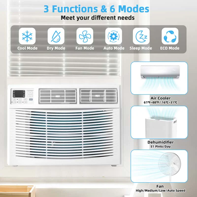 10000 BTU Quiet Window Air Conditioner with Remote & ECO Mode, Energy Star Certified 3-in-1 Window AC Unit with Dehumidifier
