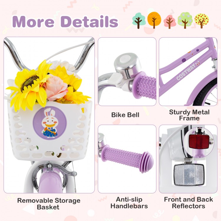 18 Inch Girl Bike with Basket with Detachable Training Wheels for 4-8 Years Old