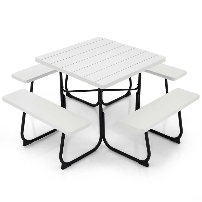 8 Person HDPE Outside Table & Bench Set, Outdoor Square Picnic Table with 4 Built-in Benches, Umbrella Hole, Metal Frame