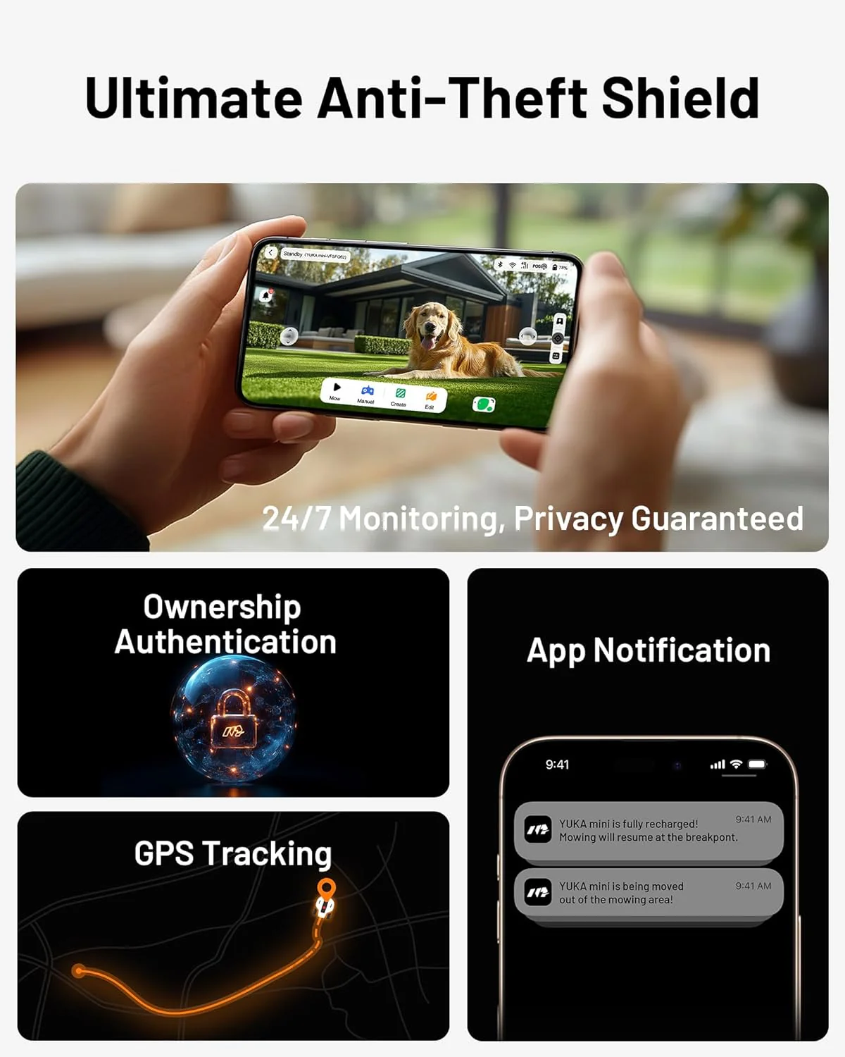 YUKA Mini 500H Robot Lawn Mower Reception 0.12 Acre, Max. 0.17 Acre, Ultrasense AI Vision+ RTK Positioning, Auto Mapping, App Control,45% Slope, Cutting Height 2''~3.5'', 3 Mowing Zones