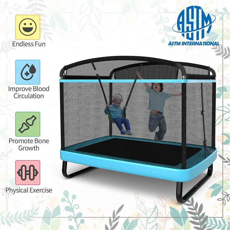 6FT Kids Trampoline with Swing, Safety Enclosure, ASTM Approved Rectangle Recreational Trampoline for 3-8 Years Indoor/Outdoor, Max Load 220lbs