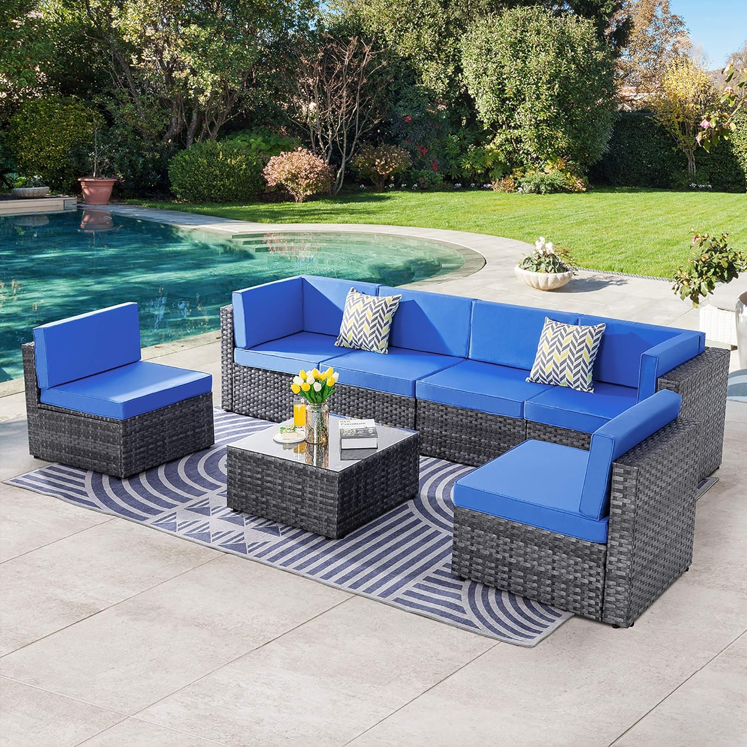 Shintenchi 5 Pieces Outdoor Patio Sectional Sofa Couch, Silver Gray PE Wicker Furniture Conversation Sets with Washable Cushions & Glass Coffee Table for Garden, Poolside, Backyard (Aegean Blue)