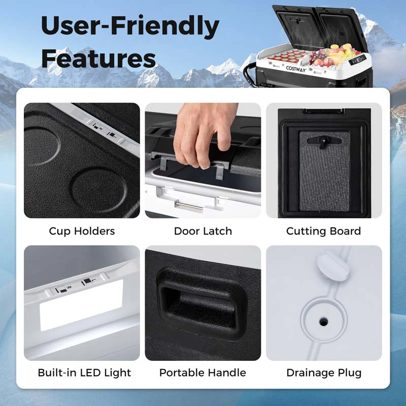 53-Quart Dual-zone Car Refrigerator with Wheels, 12V/24V DC, 100-240V AC, Portable Car Fridge Freezer Electric Cooler for RV Camping