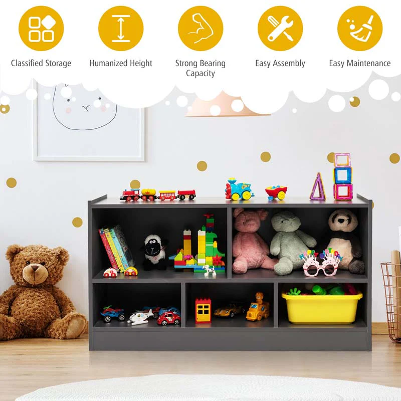 2-Shelf Kids Bookcase 5-Cube Wood Toy Storage Cabinet Organizer for Classroom, Playroom, Nursery, Kindergarten