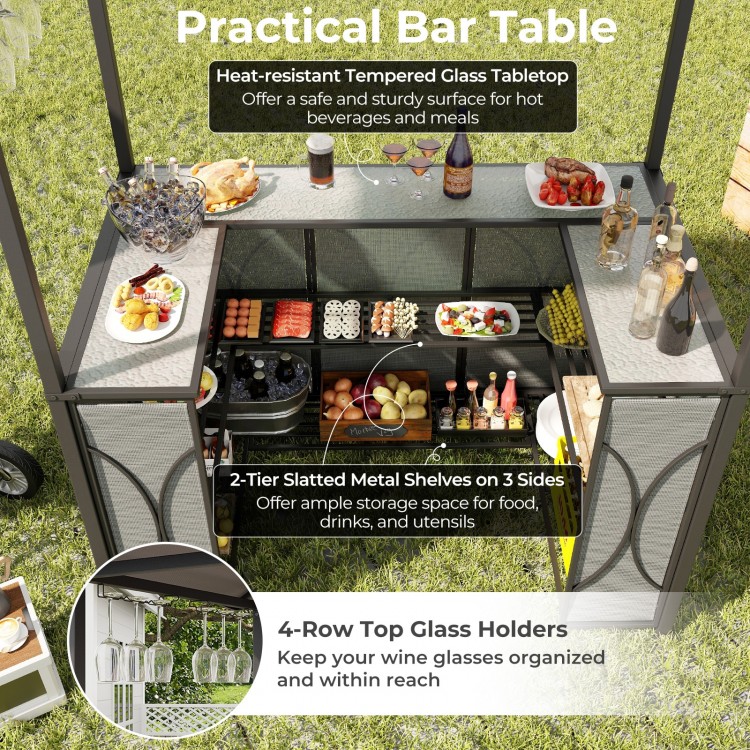 3-Piece Patio Bar Set Grill Gazebo & 2 Bar Stools with Tempered Glass Bar Table