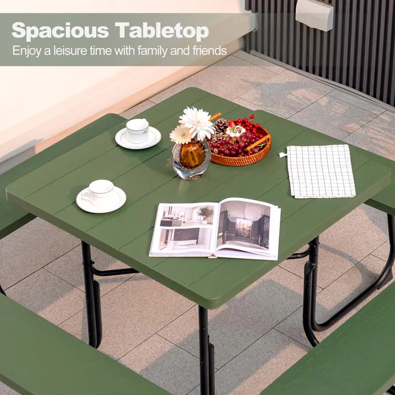 8 Person HDPE Outside Table & Bench Set, Outdoor Square Picnic Table with 4 Built-in Benches, Umbrella Hole, Metal Frame