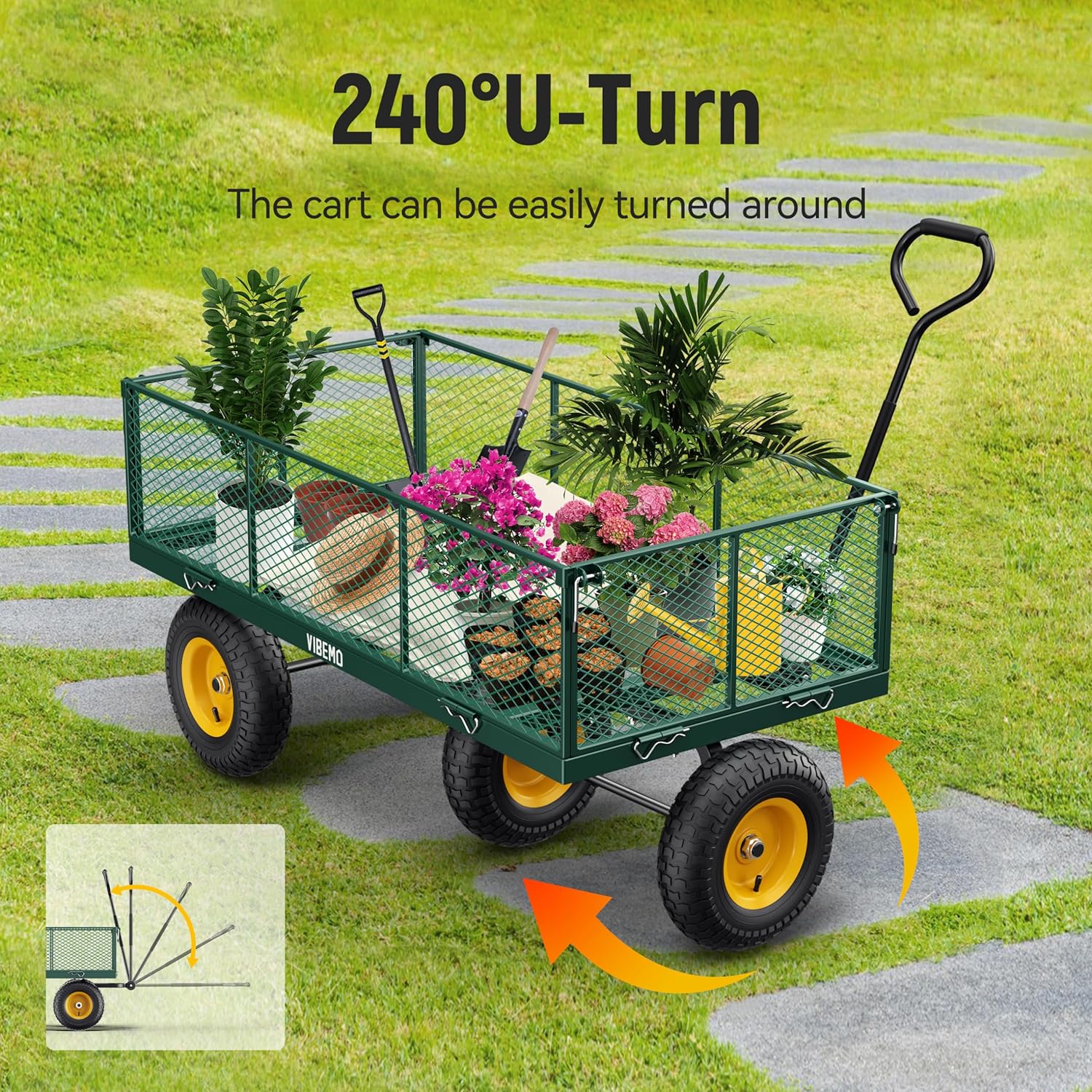 Steel Garden Cart, 2-in-1 1400 lbs Heavy Duty Utility Wagon, with Removable Mesh Sides to Convert into Flatbed, 240?? U-Turn 13