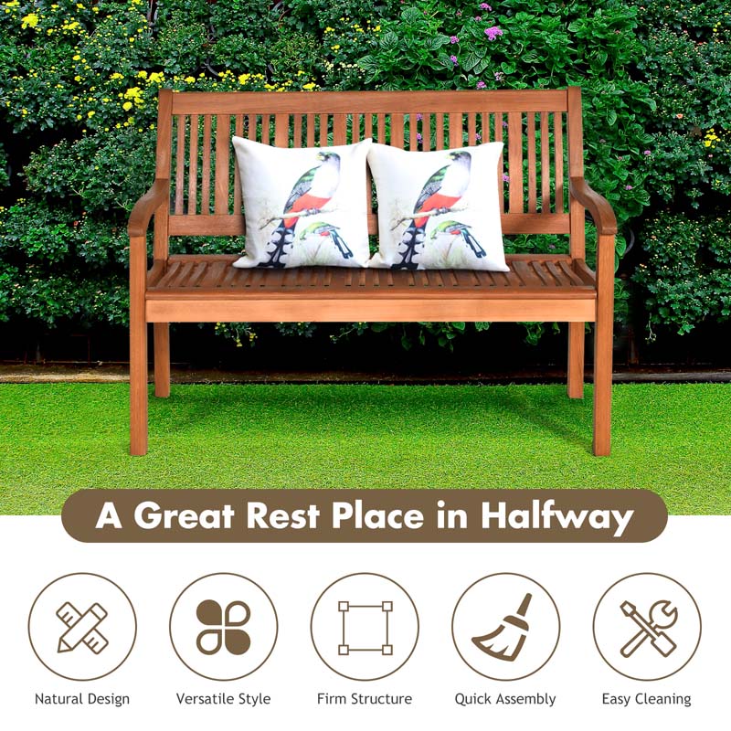 2-Person Eucalyptus Wood Garden Bench Outdoor Park Patio Large Loveseat Chair with Curved Backrest & Wide Armrest