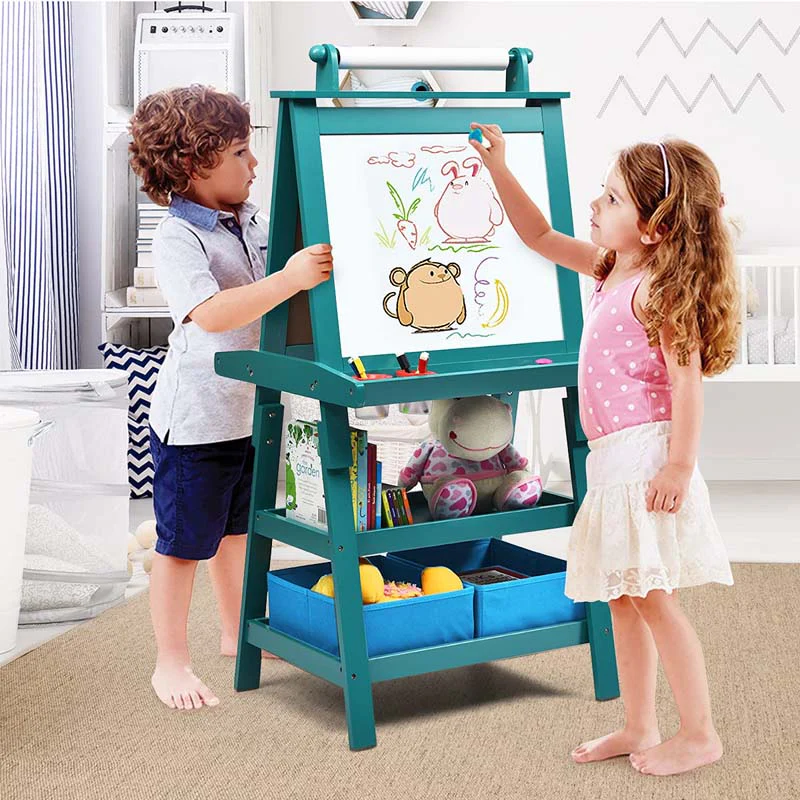 3-in-1 Double-Sided Kids Art Easel, Wooden Storage Toddler Easel with Magnetic White Board & Chalkboard, Paper Roll, Painting Dry Erase