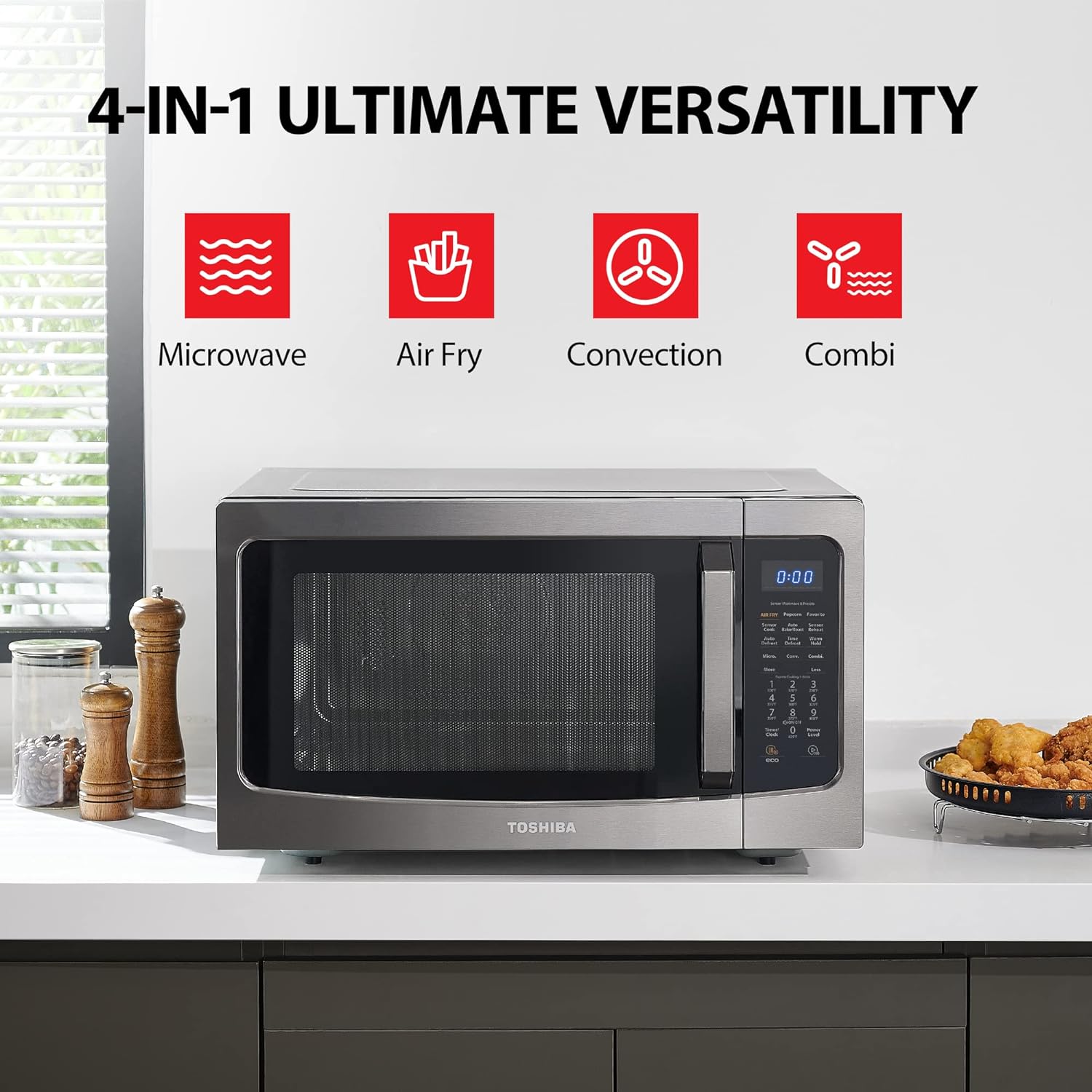 TOSHIBA 4-in-1 ML-EC42P(SS) Countertop Microwave Oven, Smart Sensor, Convection, Air Fryer Combo, Mute Function, Position Memory 13.6
