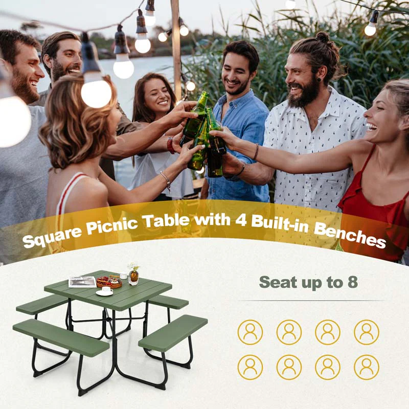 8 Person HDPE Outside Table & Bench Set, Outdoor Square Picnic Table with 4 Built-in Benches, Umbrella Hole, Metal Frame