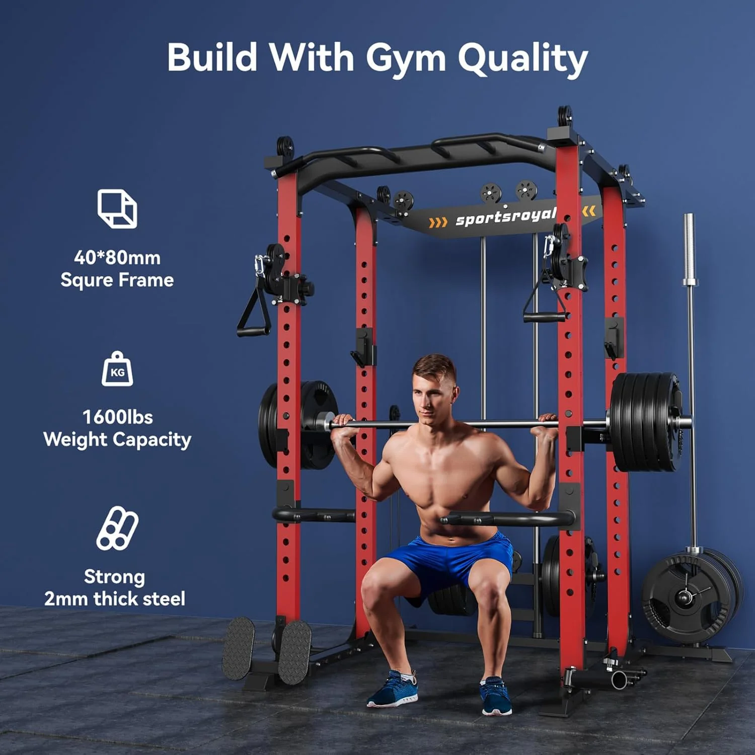 Sportsroyals Power Cage,1600lbs Multi-Function Power Rack with Adjustable Cable Crossover System and More Training Attachment, Weight Cage for Home Gym