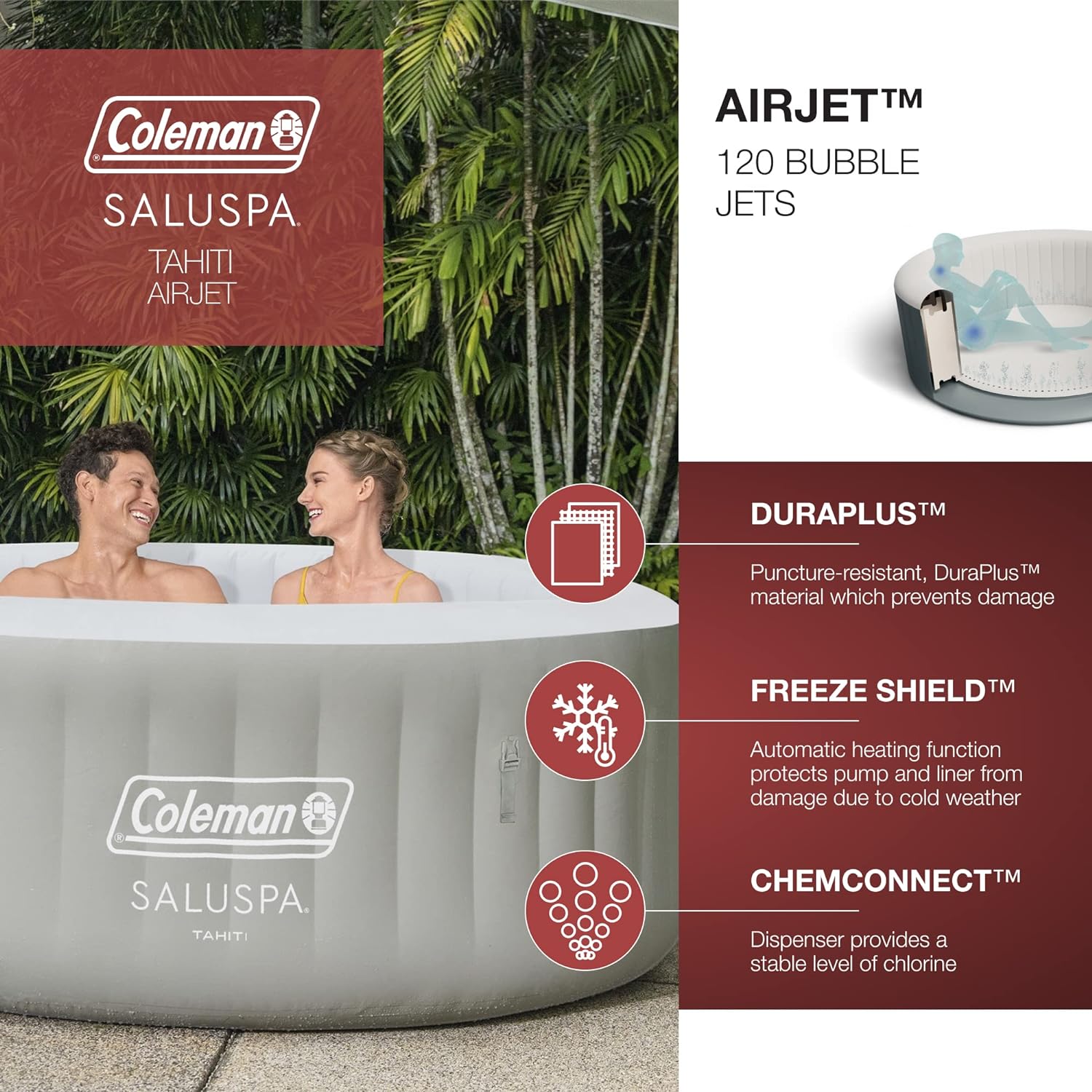 Inflatable Hot Tub Spa | Portable Hot Tub with Heated Water System and 140 Bubble Jets | Fits Up to 4 People