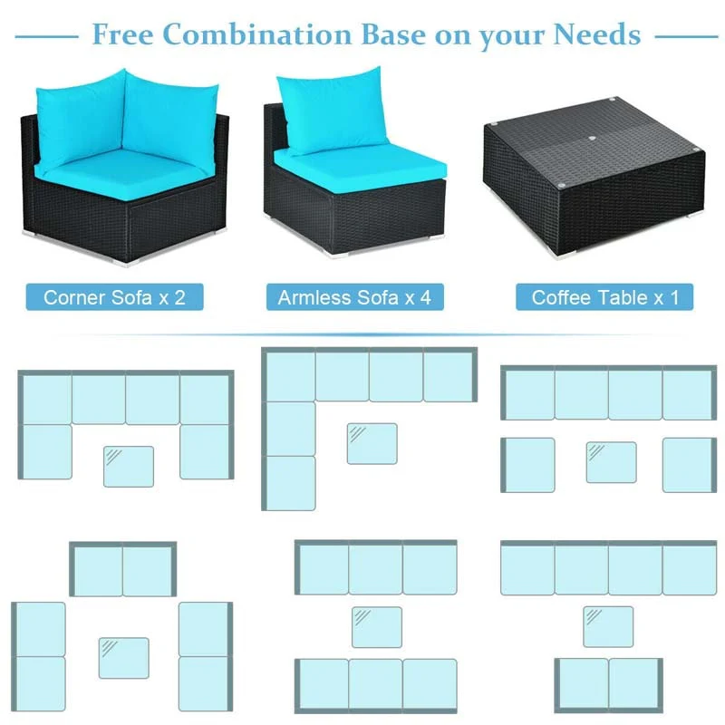 7 Pcs Rattan Patio Furniture Sectional Sofa Set Outdoor Wicker Conversation Set with Back & Seat Cushions Pillows