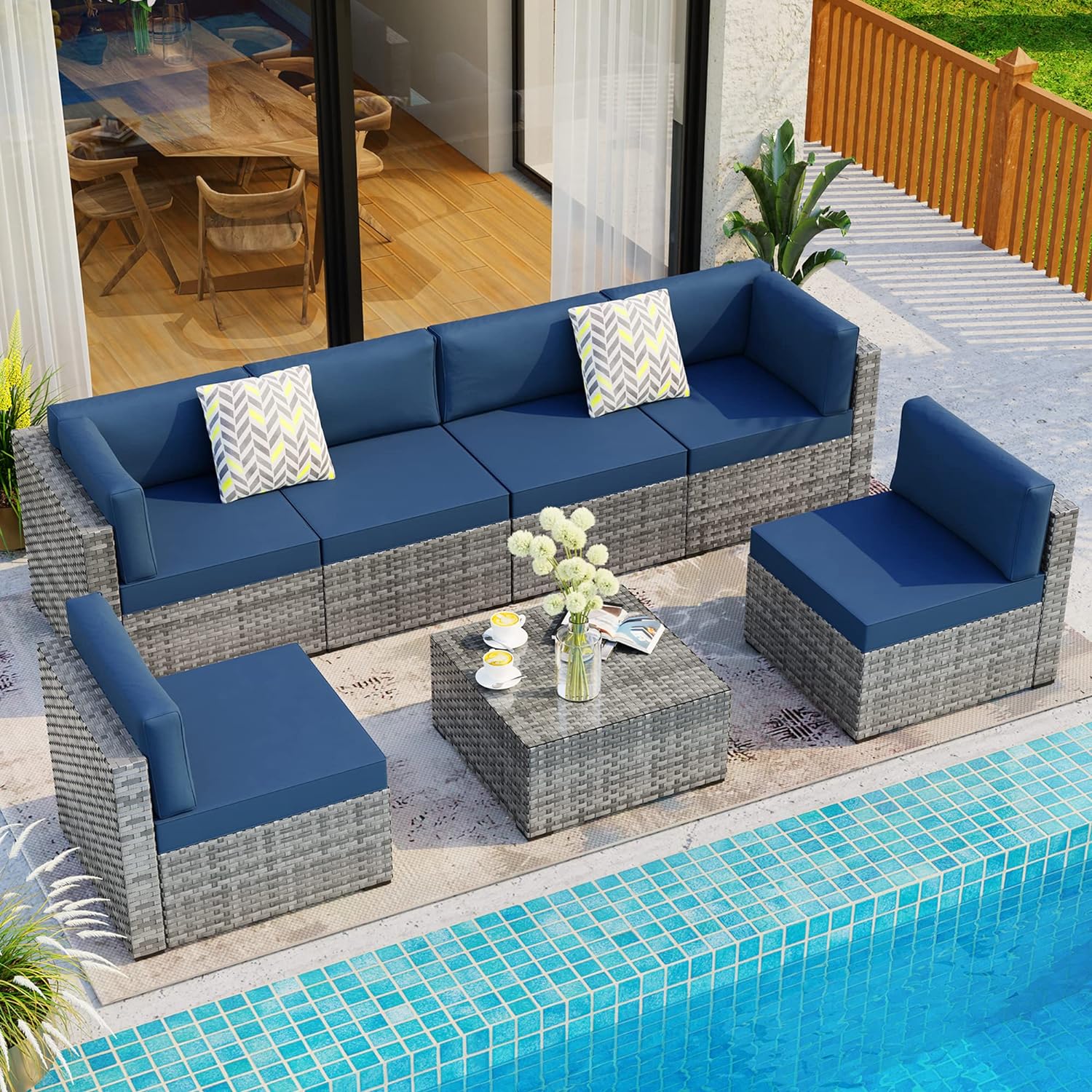 Shintenchi 5 Pieces Outdoor Patio Sectional Sofa Couch, Silver Gray PE Wicker Furniture Conversation Sets with Washable Cushions & Glass Coffee Table for Garden, Poolside, Backyard (Aegean Blue)