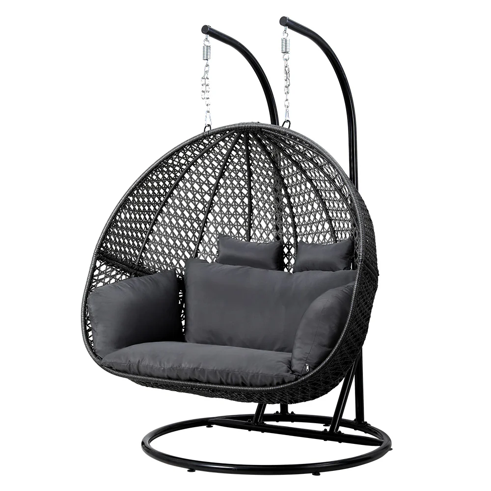 Gardeon Outdoor Egg Swing Chair Wicker Furniture Pod Stand Cushion 2 Seater Grey