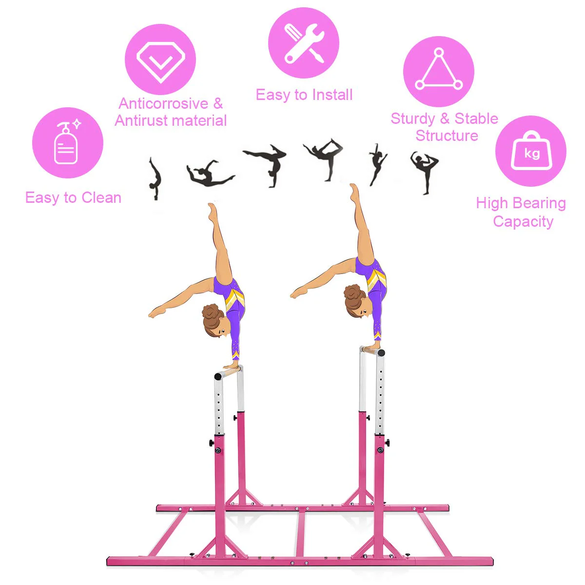 Gymnastics Parallel Bars, Double Horizontal Bar with Adjustable Width & 11-Level Heights, 120kg Weight Capacity