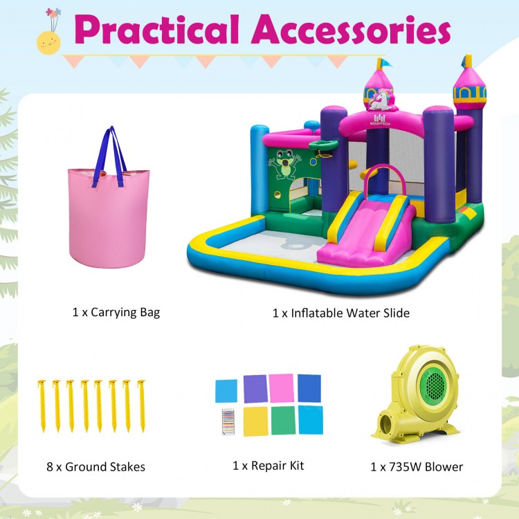 6-in-1 Kids Inflatable Unicorn-themed Bounce House with 735W Blower