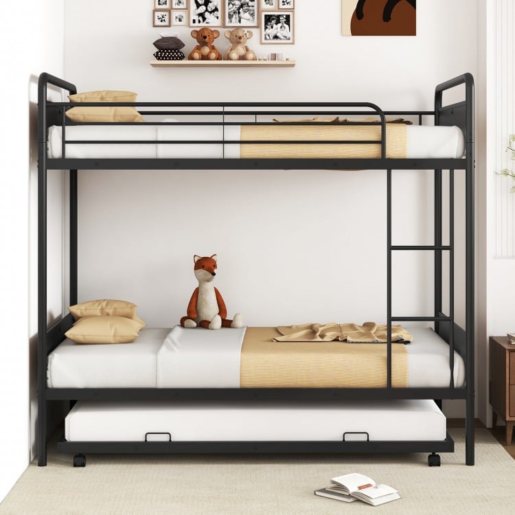 Twin Over Twin Bunk Bed with Trundle with Ladder and Full-length Guardrails
