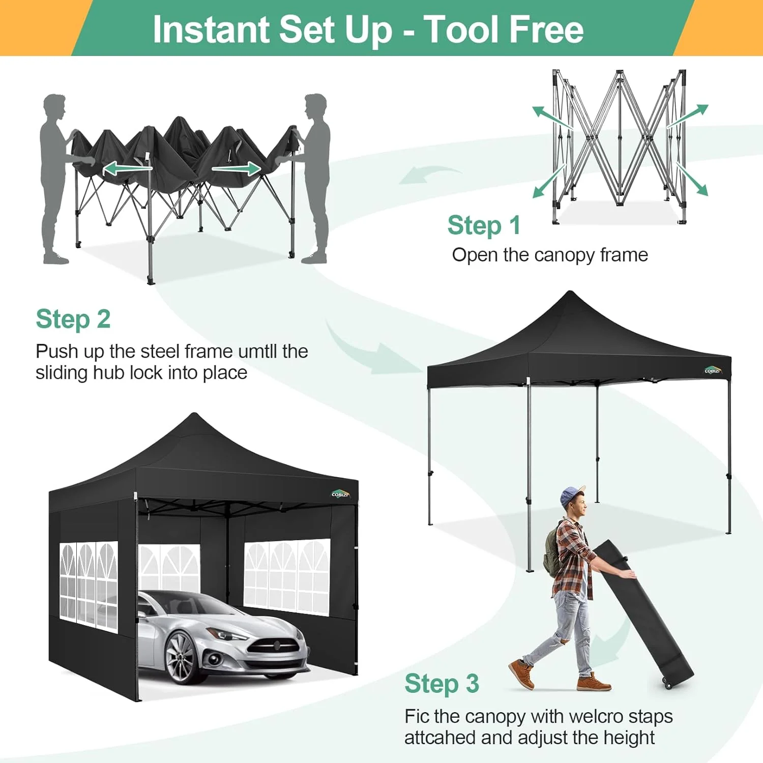 COBIZI 10x20 Heavy Duty Pop up Canopy Tent with 6 sidewalls Easy Up Commercial Outdoor Canopy Wedding Party Tents for Parties All Season Wind & Waterproof Gazebo with Roller Bag,Black(Frame Thickened)