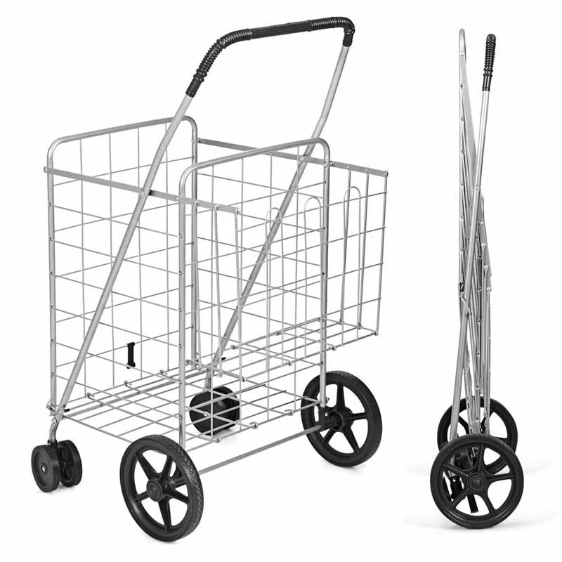 Jumbo Folding Shopping Cart Large Rolling Grocery Utility Cart with Double Basket & 360° Swivel Wheels
