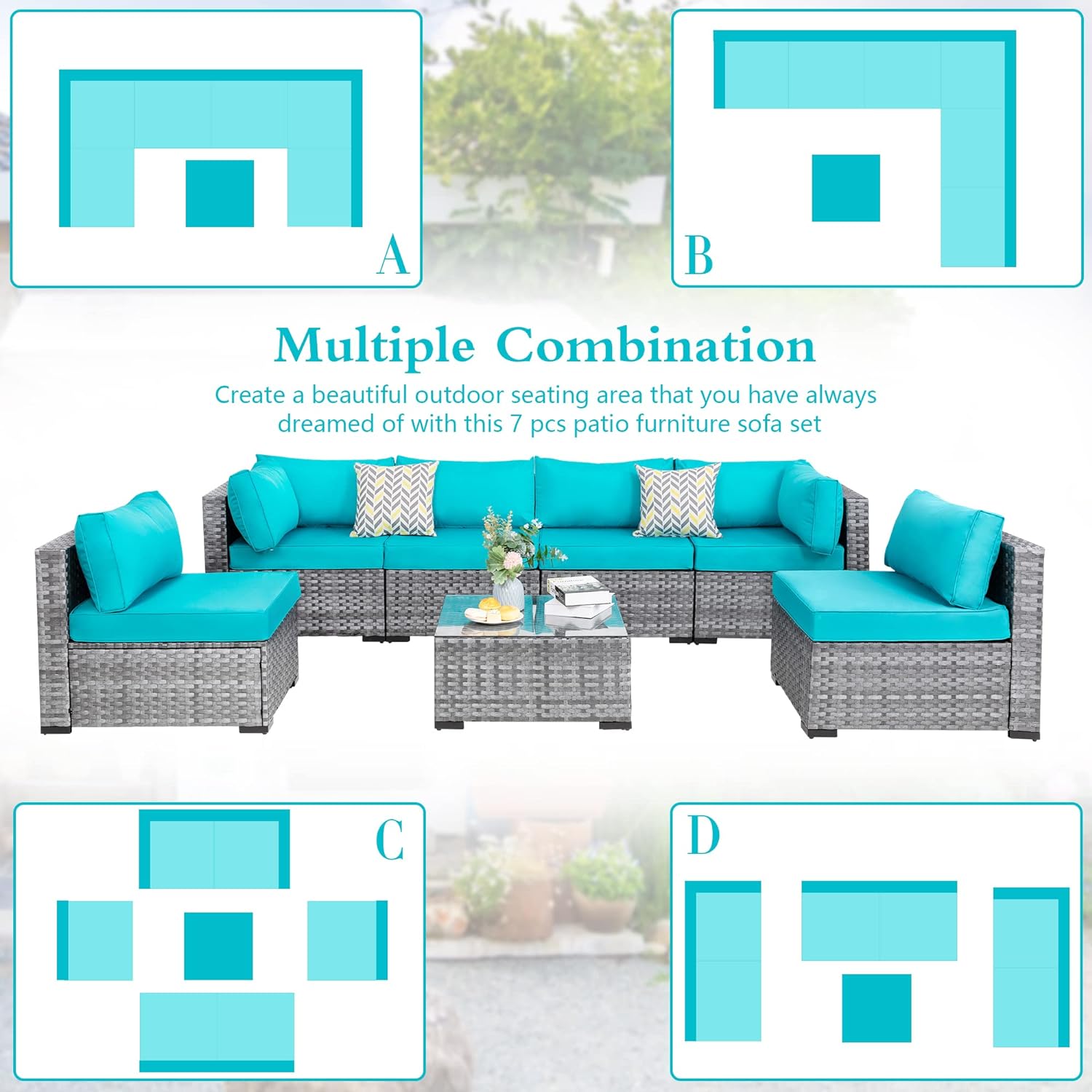 Shintenchi 5 Pieces Outdoor Patio Sectional Sofa Couch, Silver Gray PE Wicker Furniture Conversation Sets with Washable Cushions & Glass Coffee Table for Garden, Poolside, Backyard (Aegean Blue)