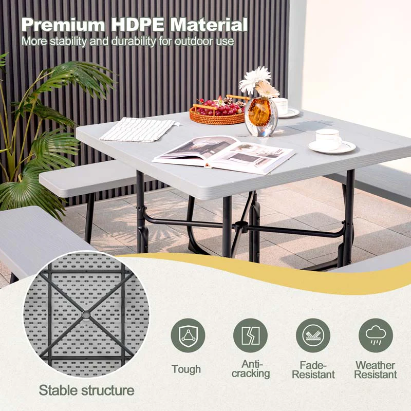 8 Person HDPE Outside Table & Bench Set, Outdoor Square Picnic Table with 4 Built-in Benches, Umbrella Hole, Metal Frame