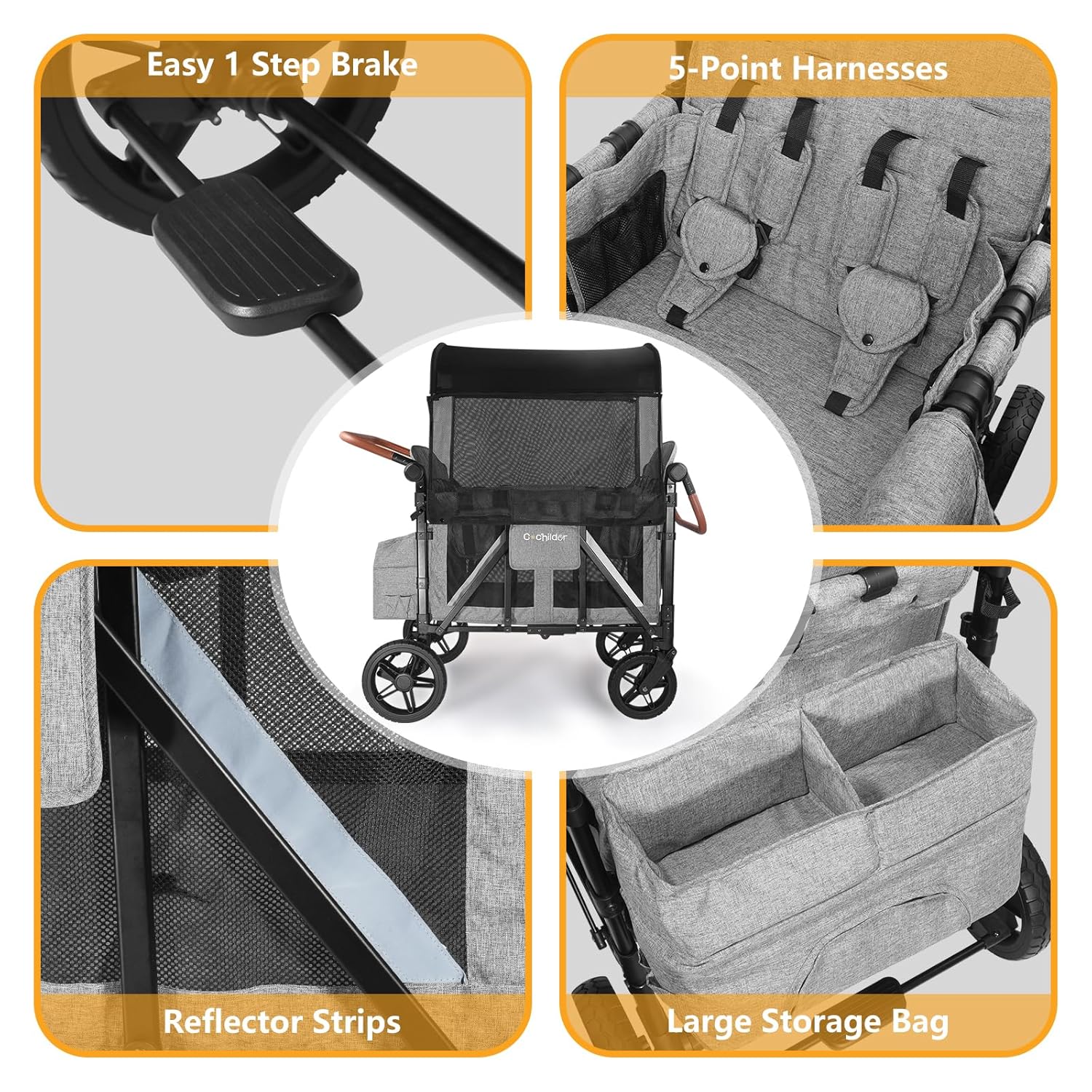 All-Terrain 4 Seater Wagon Stroller for Kids - Heavy-Duty 300lb Capacity, One-Hand Fold Design, High Seats with 5-Point Harness, Adjustable Canopy and Handlebars, Light Grey