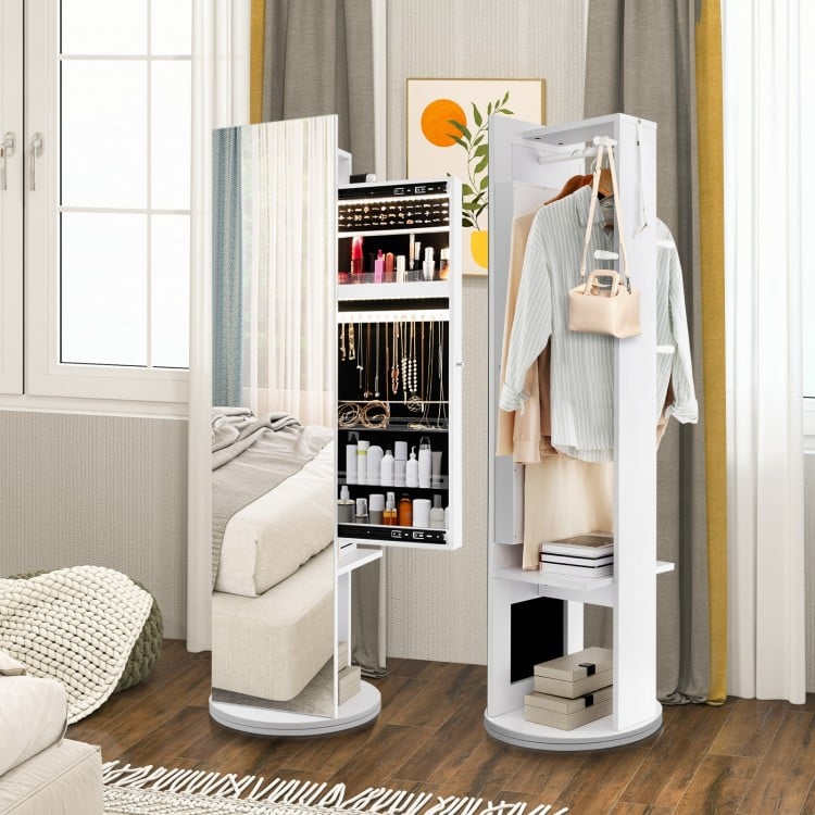 360-Degree Swivel Jewelry Cabinet Armoire with Full Length Mirror and Coat Rack