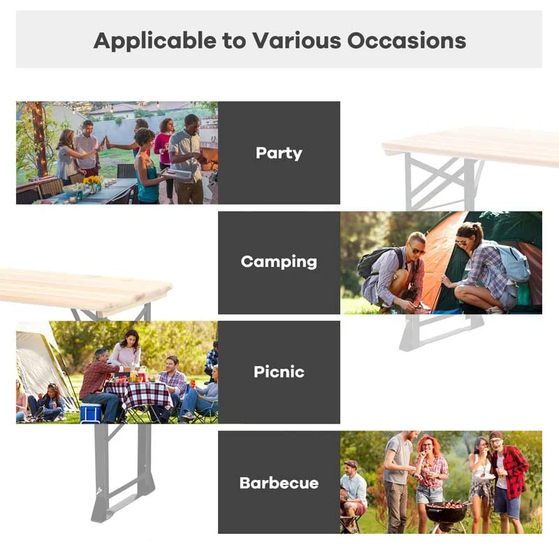66.5'' Wood Folding Picnic Table with Umbrella Hole, Height Adjustable Outdoor Dining Table for Camping Party
