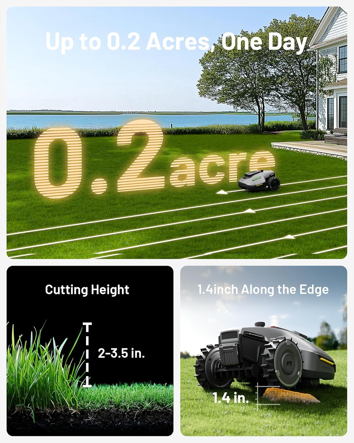 YUKA Mini 500H Robot Lawn Mower Reception 0.12 Acre, Max. 0.17 Acre, Ultrasense AI Vision+ RTK Positioning, Auto Mapping, App Control,45% Slope, Cutting Height 2''~3.5'', 3 Mowing Zones