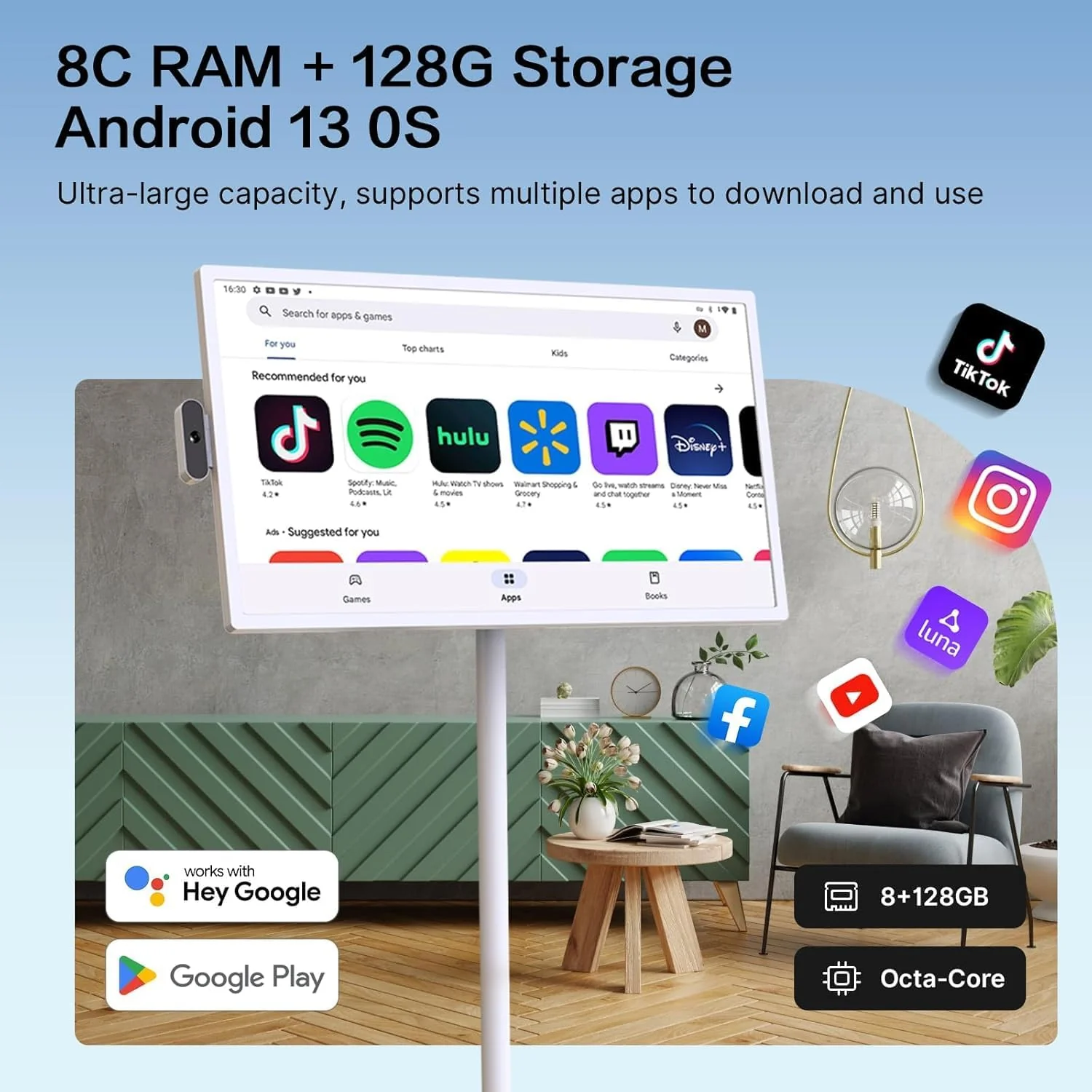 32-Inch Portable TV, 1080P FHD Rolling TV on Wheels with Rotatable Touch Screen, Android 13 OS, 8G RAM+128G Storage, Built-in Battery, Full Swivel Rotation, Voice Remote