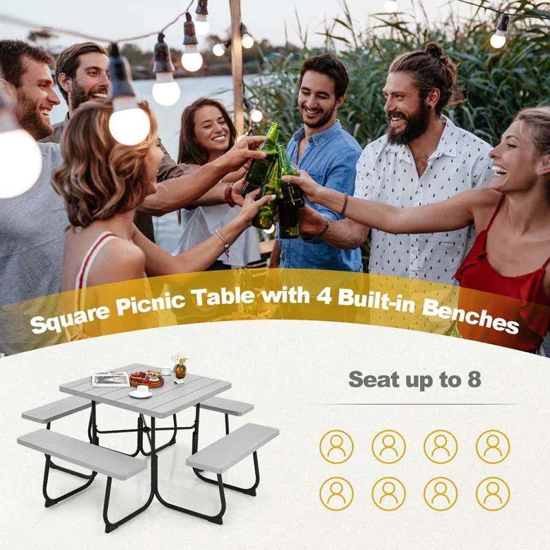 8 Person HDPE Outside Table & Bench Set, Outdoor Square Picnic Table with 4 Built-in Benches, Umbrella Hole, Metal Frame