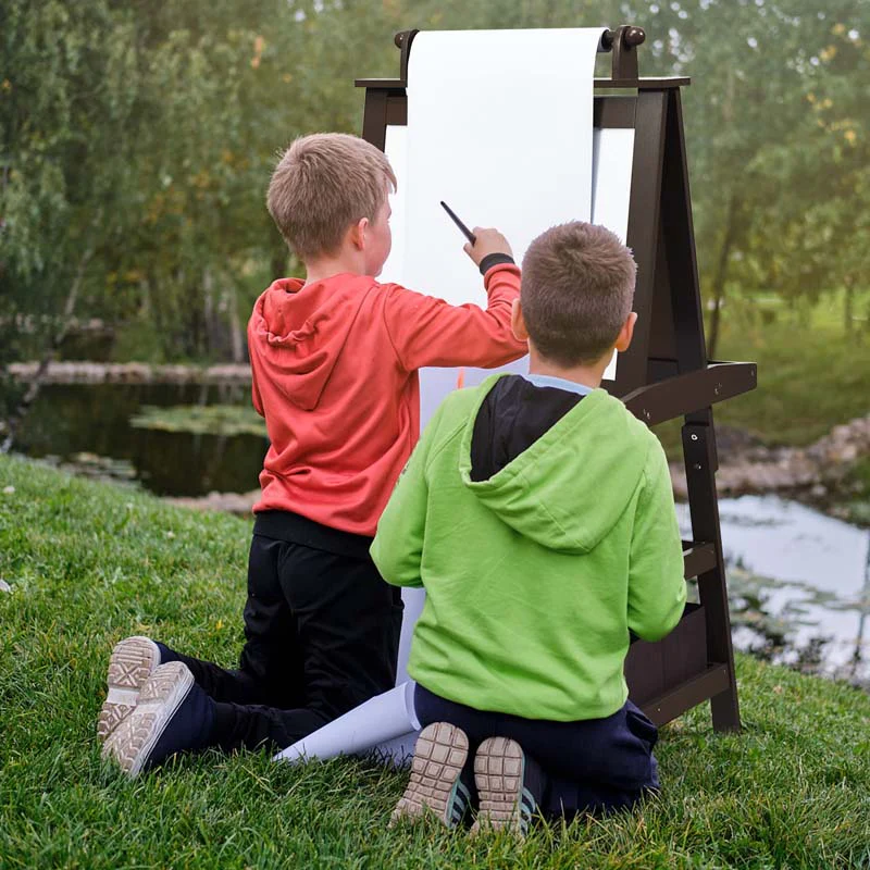 3-in-1 Double-Sided Kids Art Easel, Wooden Storage Toddler Easel with Magnetic White Board & Chalkboard, Paper Roll, Painting Dry Erase