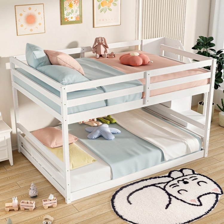 Solid Wood Full Over Full Low Bunk Bed with Storage Stairs