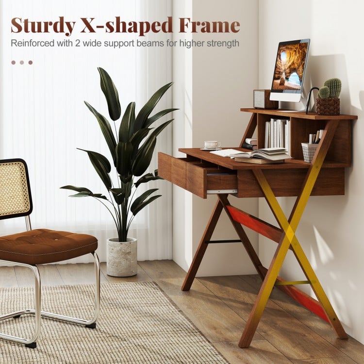 Mid Century Home Office Desk with 3 Storage Drawers and Monitor Stand