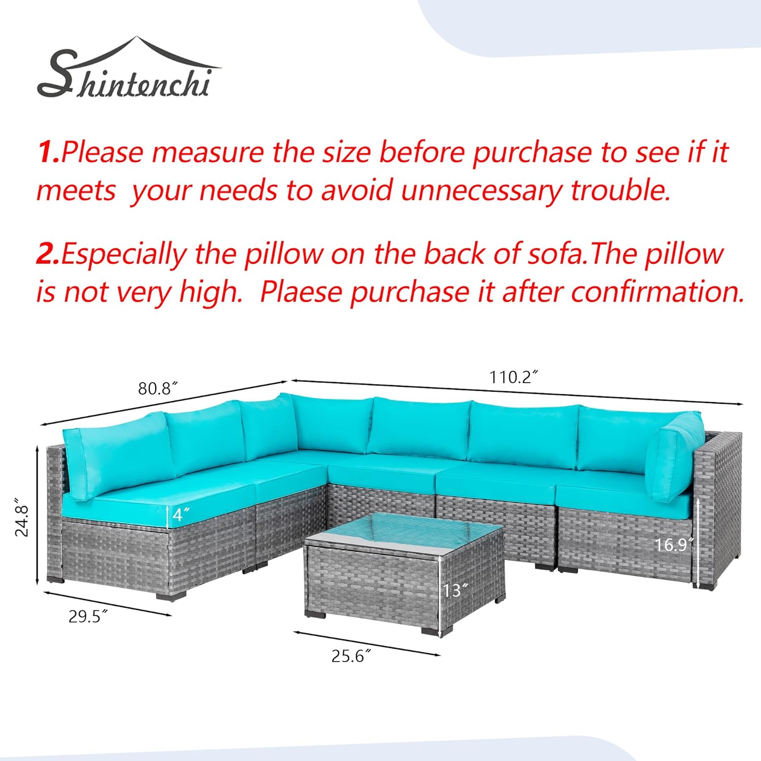 Shintenchi 5 Pieces Outdoor Patio Sectional Sofa Couch, Silver Gray PE Wicker Furniture Conversation Sets with Washable Cushions & Glass Coffee Table for Garden, Poolside, Backyard (Aegean Blue)